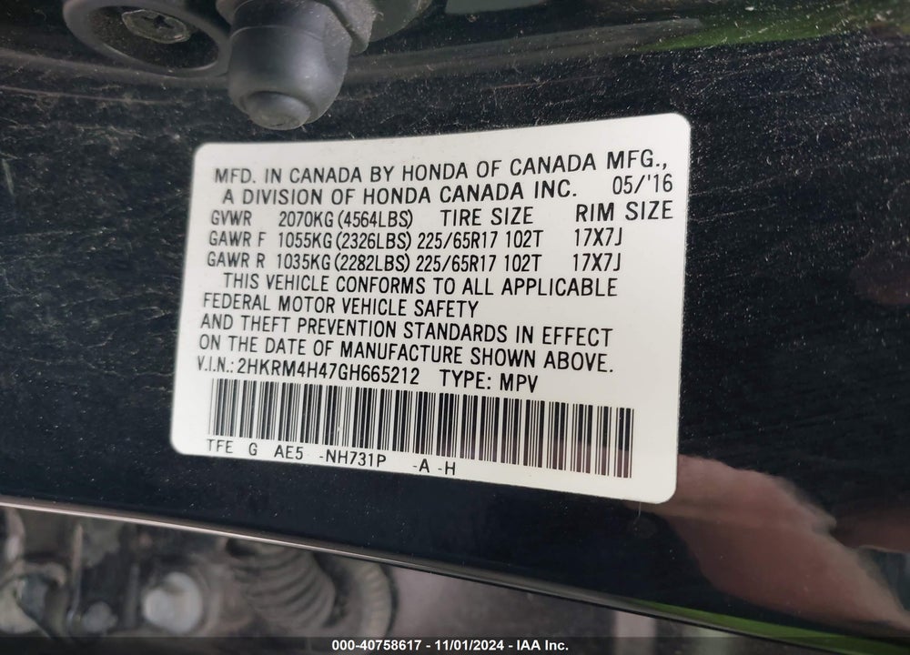2016 HONDA CR-V SE VIN: 2HKRM4H47GH665212