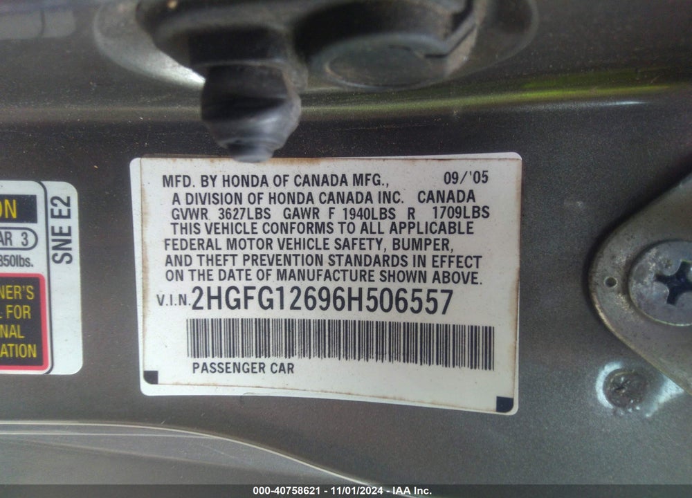 2006 HONDA CIVIC VIN: 2HGFG12696H506557
