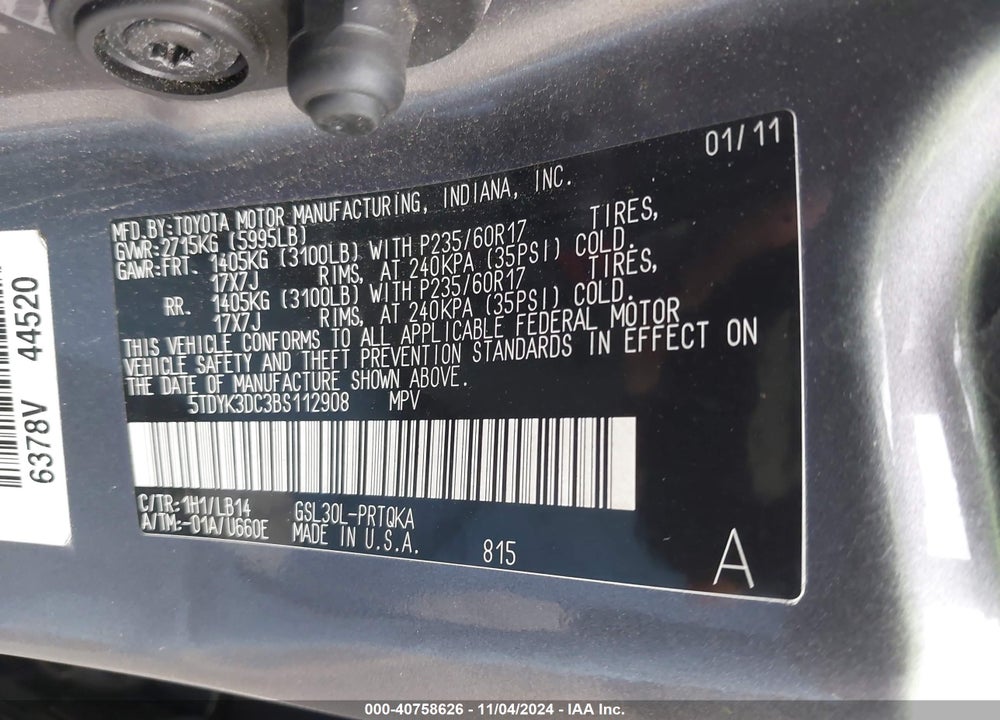 2011 TOYOTA SIENNA XLE LIMITED VIN: 5TDYK3DC3BS112908