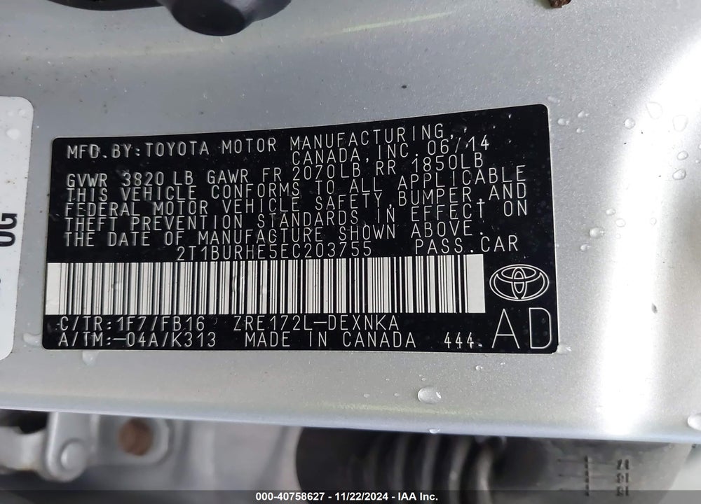 2014 TOYOTA COROLLA LE VIN: 2T1BURHE5EC203755