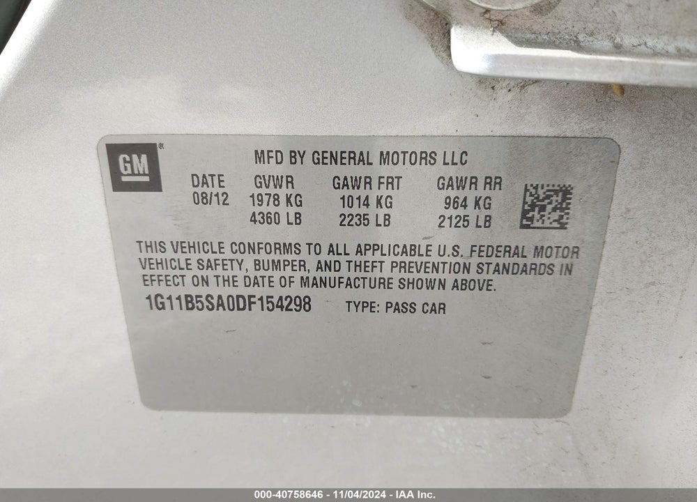 2013 CHEVROLET MALIBU VIN: 1G11B5SA0DF154298