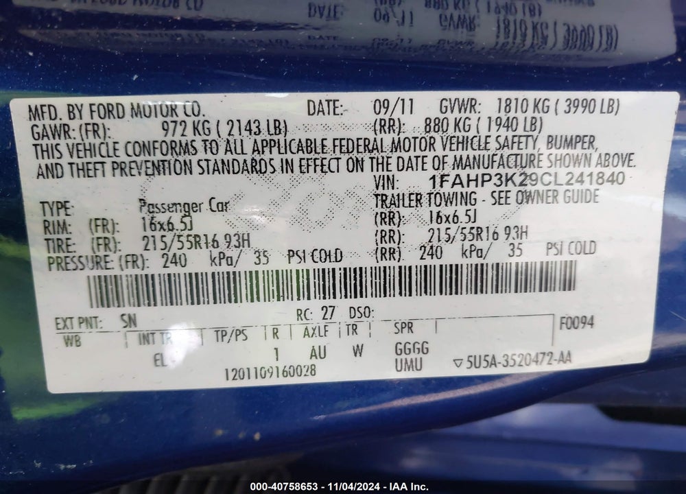 2012 FORD FOCUS SE VIN: 1FAHP3K29CL241840