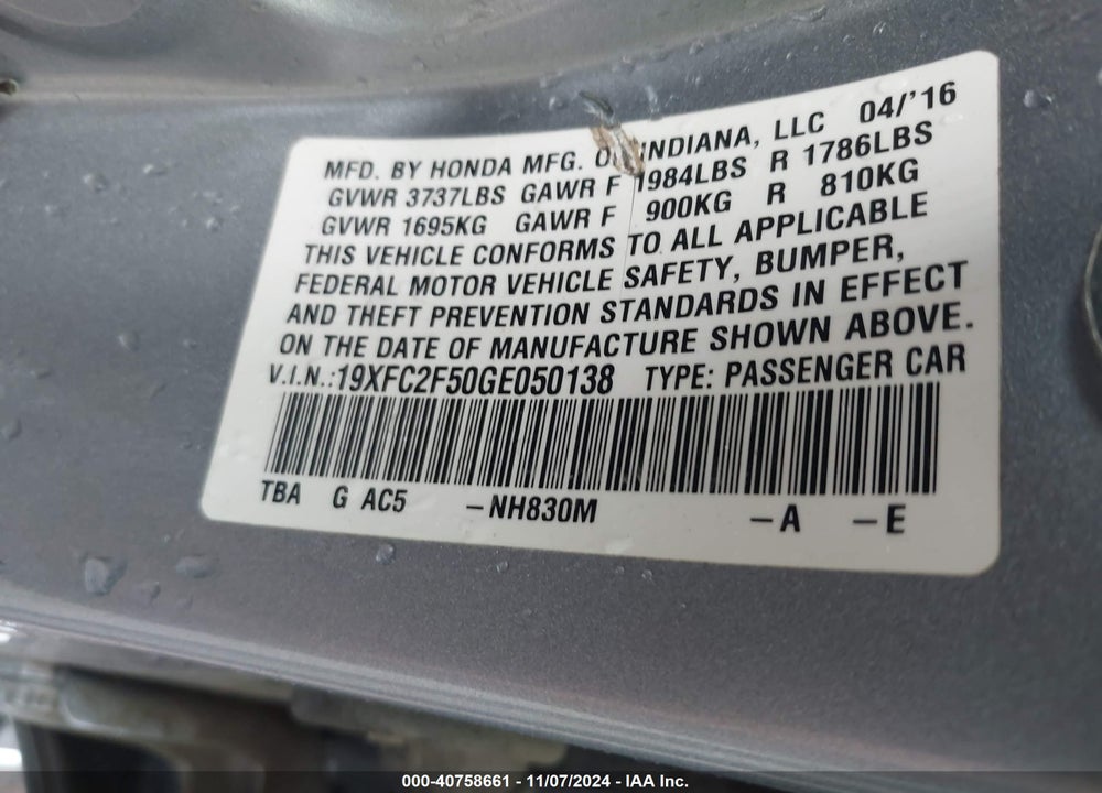 2016 HONDA CIVIC VIN: 19XFC2F50GE050138
