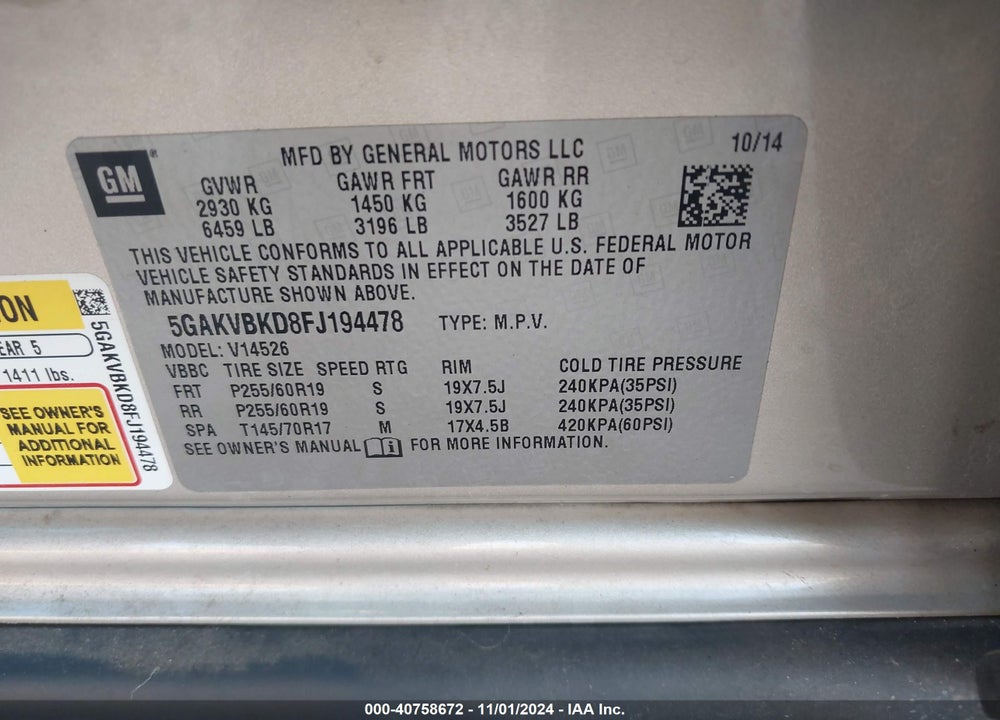 2015 BUICK ENCLAVE LEATHER VIN: 5GAKVBKD8FJ194478