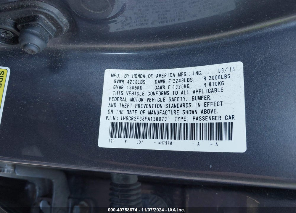 2015 HONDA ACCORD VIN: 1HGCR2F38FA136073
