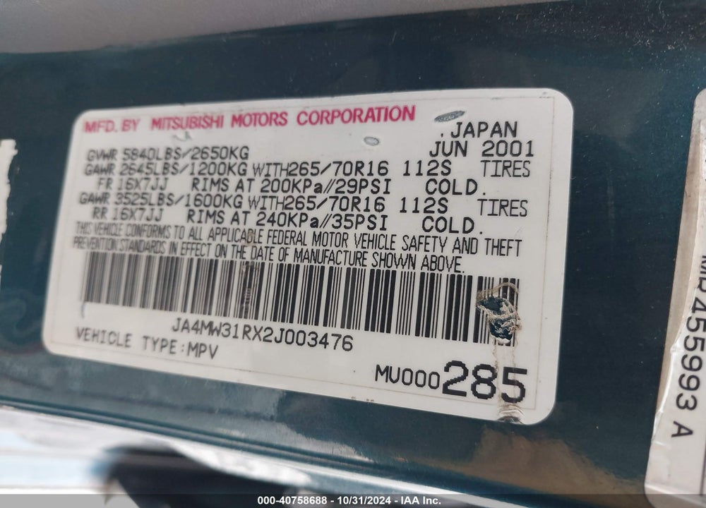 2002 MITSUBISHI MONTERO XLS VIN: JA4MW31RX2J003476