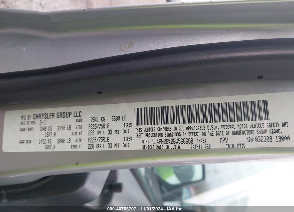 2011 JEEP LIBERTY SPORT VIN: 1J4PN2GK2BW566688