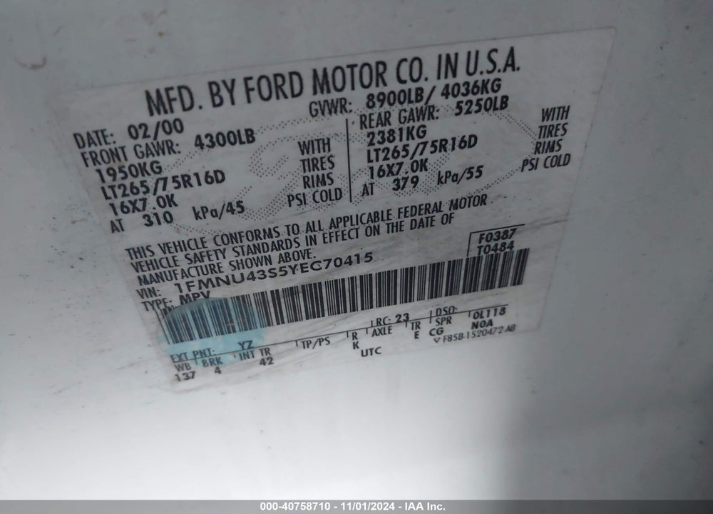 2000 FORD EXCURSION LIMITED VIN: 1FMNU43S5YEC70415