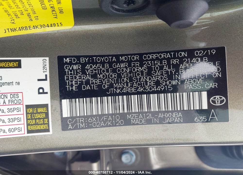 2019 TOYOTA COROLLA SE VIN: JTNK4RBE4K3044915