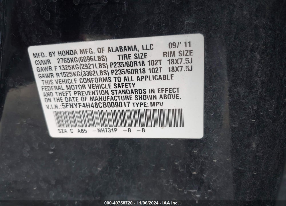 2012 HONDA PILOT EX VIN: 5FNYF4H48CB009017