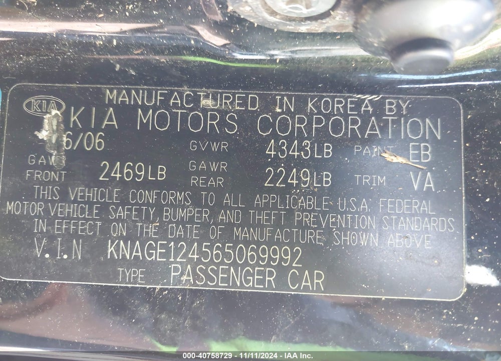 2006 KIA OPTIMA EX V6 (NEW)/LX V6 (NEW) VIN: KNAGE124565069992