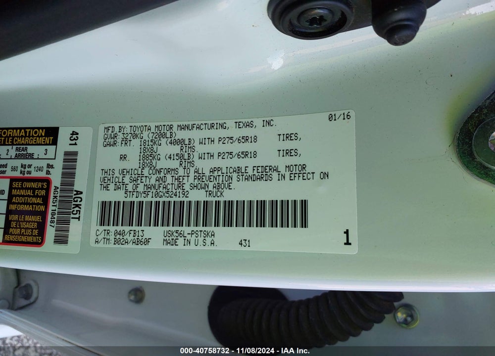2016 TOYOTA TUNDRA SR5 5.7L V8 VIN: 5TFDY5F10GX524192