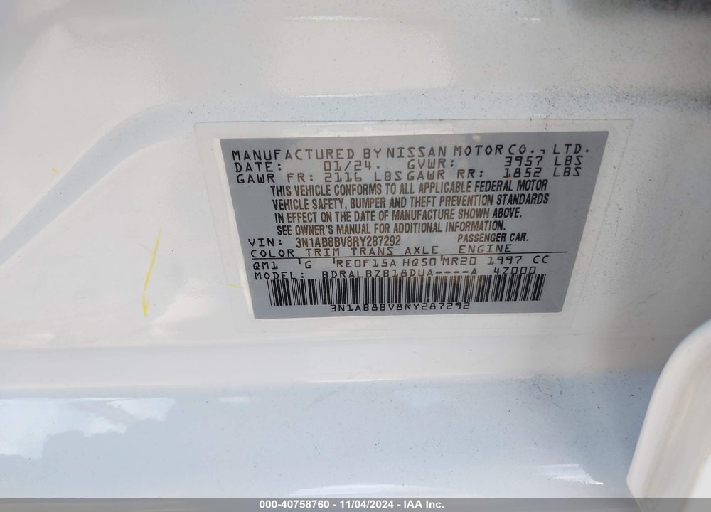 2024 NISSAN SENTRA VIN: 3N1AB8BV8RY287292
