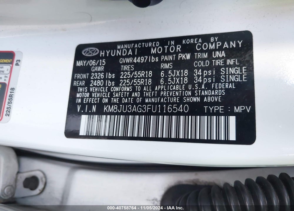 2015 HYUNDAI TUCSON LIMITED VIN: KM8JU3AG3FU116540