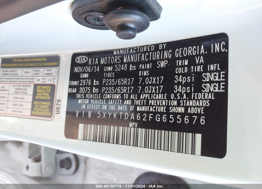 2015 KIA SORENTO LX VIN: 5XYKTDA62FG655676