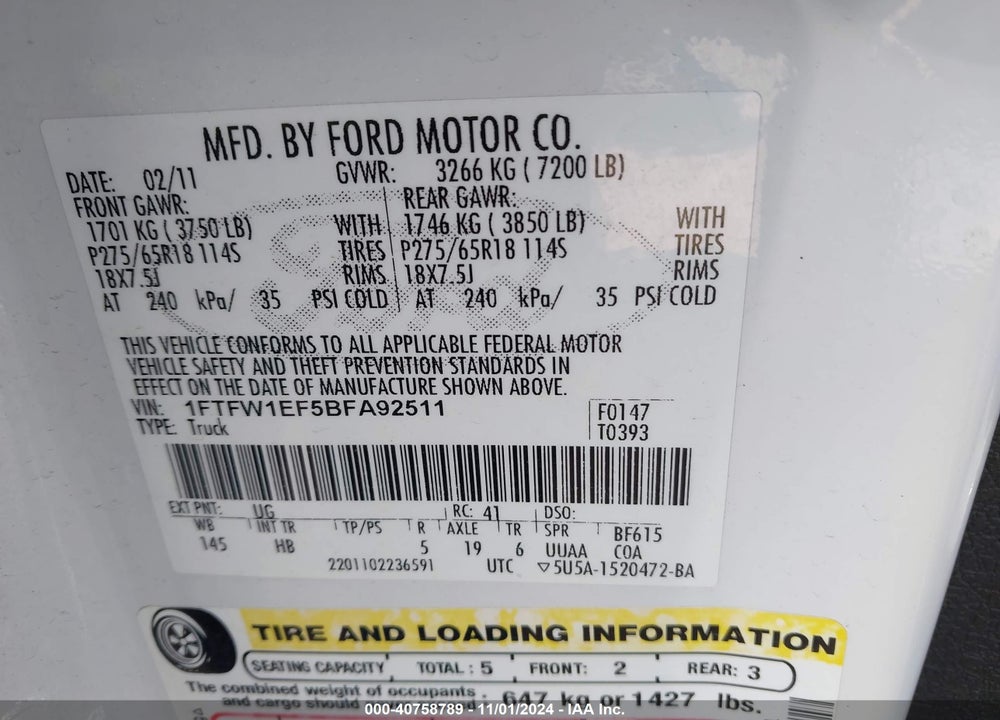 2011 FORD F-150 LARIAT VIN: 1FTFW1EF5BFA92511
