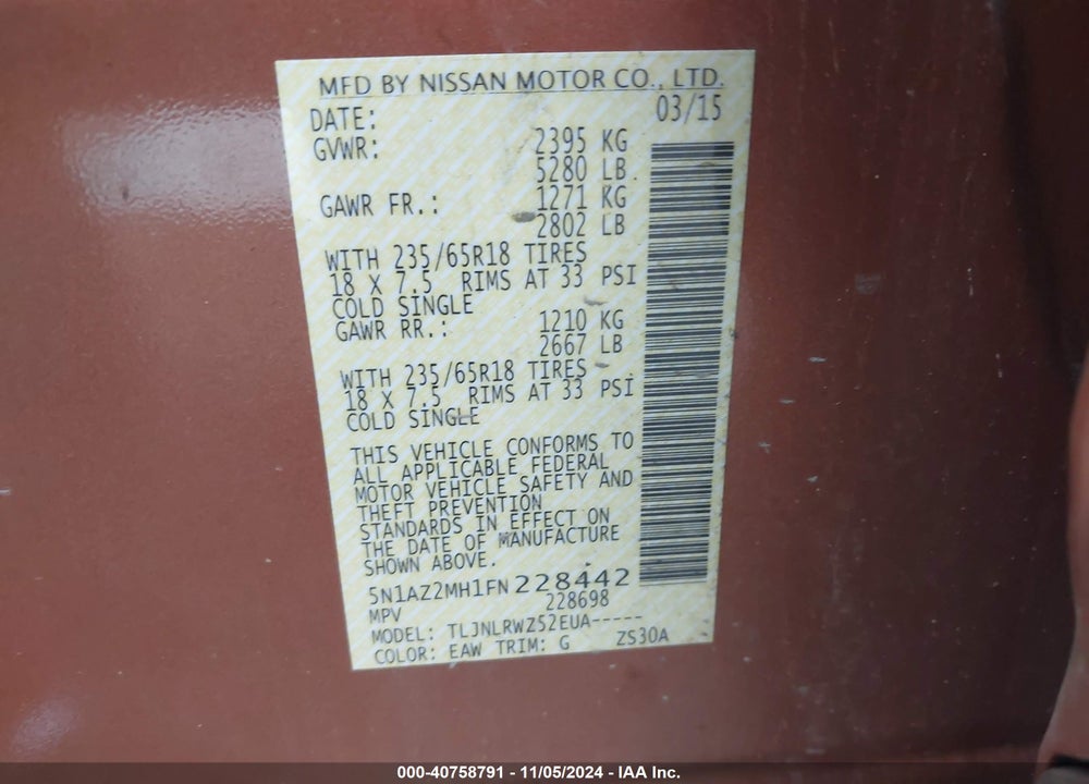 2015 NISSAN MURANO SL VIN: 5N1AZ2MH1FN228442