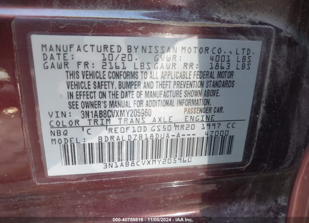 2021 NISSAN SENTRA SV XTRONIC CVT VIN: 3N1AB8CVXMY205960