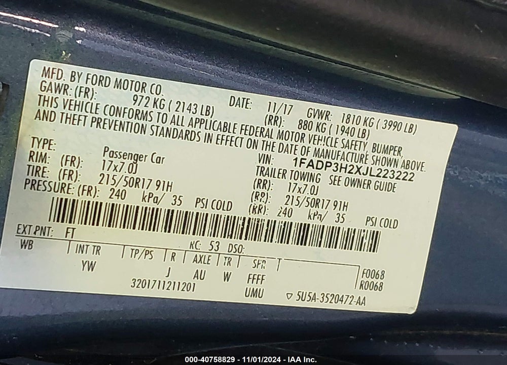 2018 FORD FOCUS SEL VIN: 1FADP3H2XJL223222