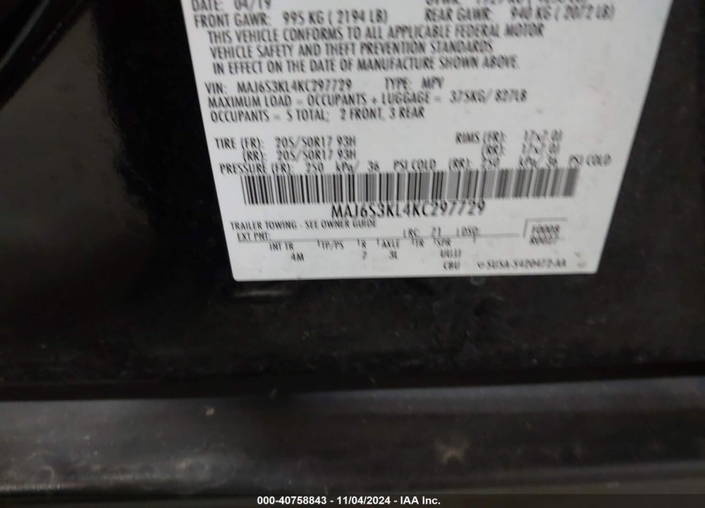 2019 FORD ECOSPORT TITANIUM VIN: MAJ6S3KL4KC297729