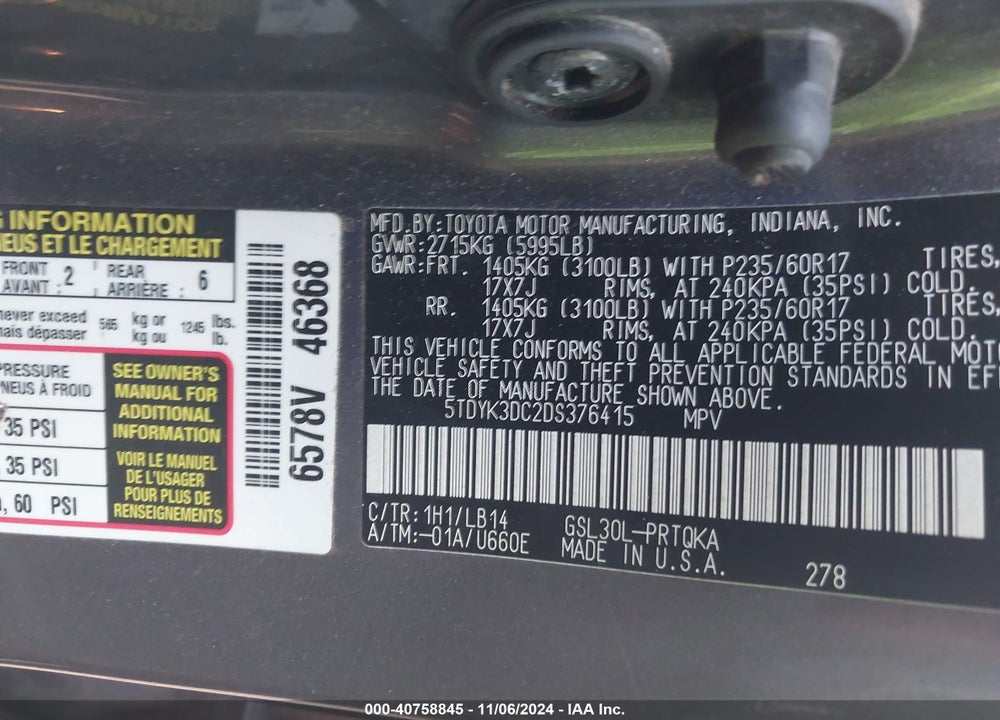 2013 TOYOTA SIENNA XLE V6 8 PASSENGER VIN: 5TDYK3DC2DS376415