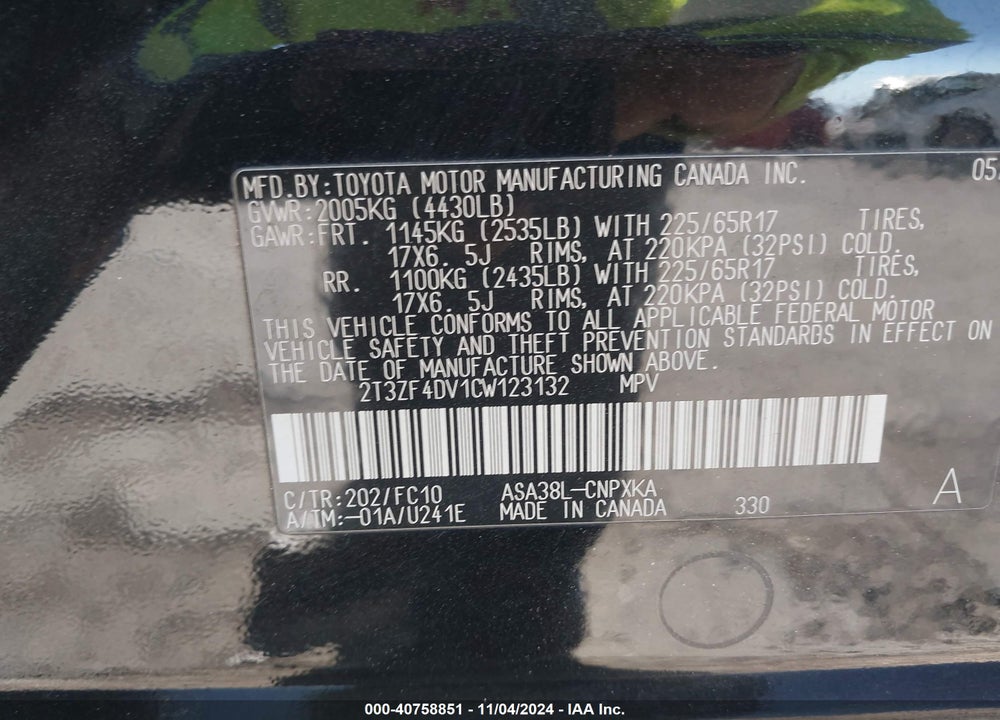 2012 TOYOTA RAV4 VIN: 2T3ZF4DV1CW123132