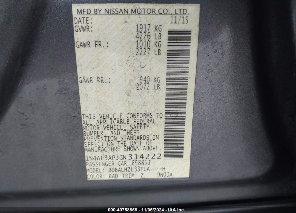 2016 NISSAN ALTIMA 2.5 SR VIN: 1N4AL3AP3GN314222