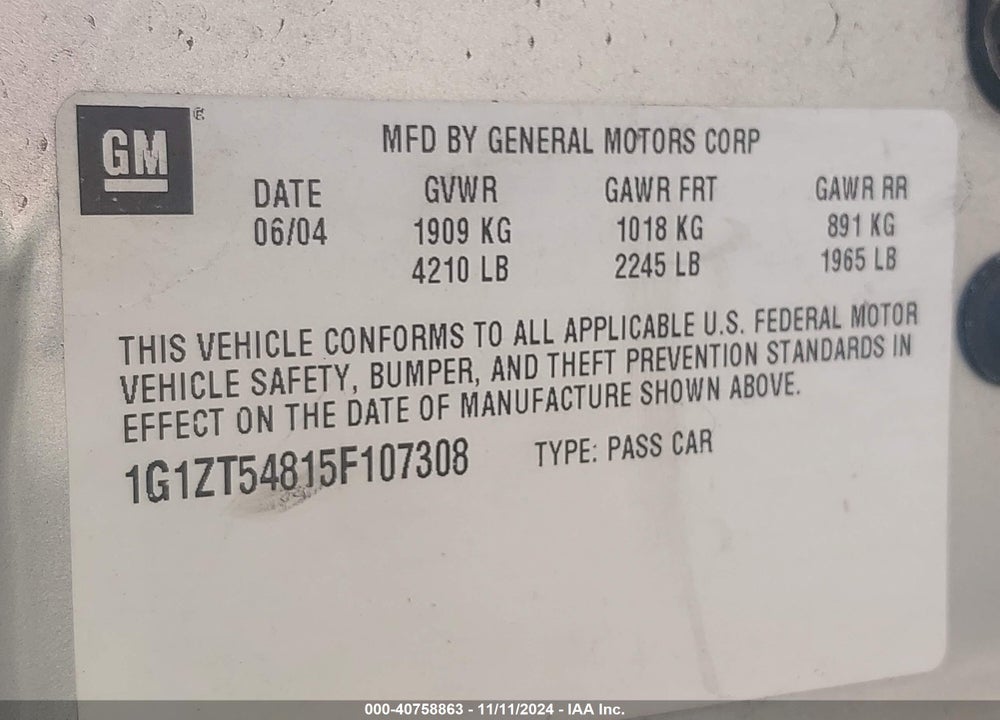 2005 CHEVROLET MALIBU LS VIN: 1G1ZT54815F107308