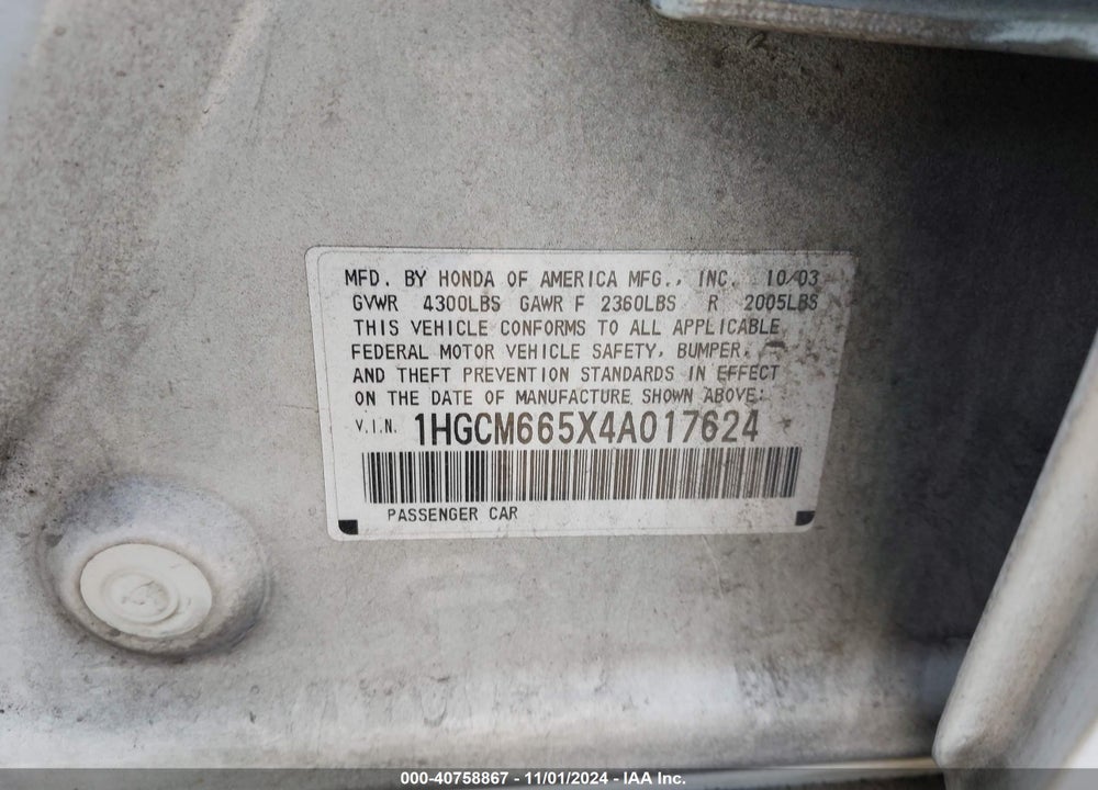 2004 HONDA ACCORD 3.0 EX VIN: 1HGCM665X4A017624