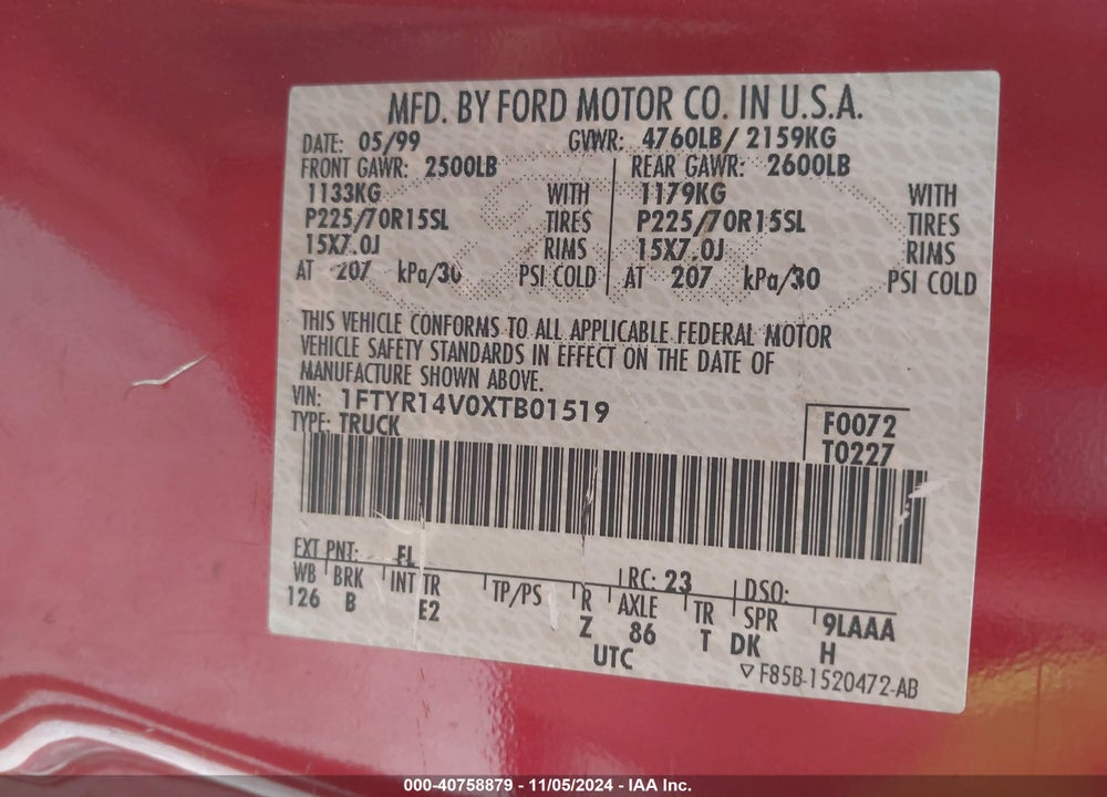 1999 FORD RANGER XL/XLT VIN: 1FTYR14V0XTB01519