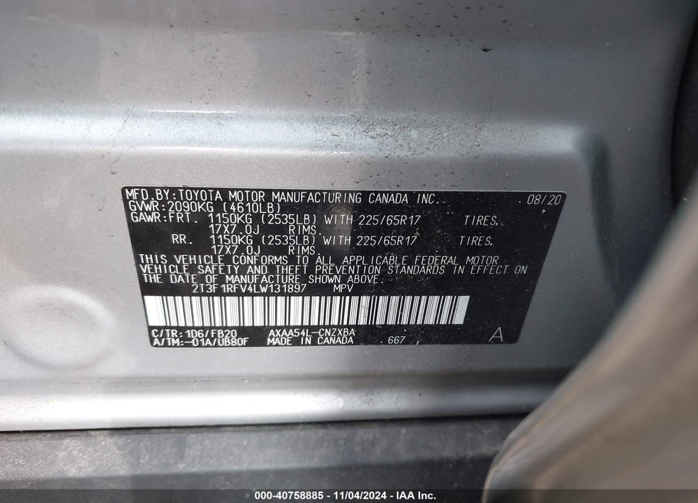 2020 TOYOTA RAV4 LE VIN: 2T3F1RFV4LW131897