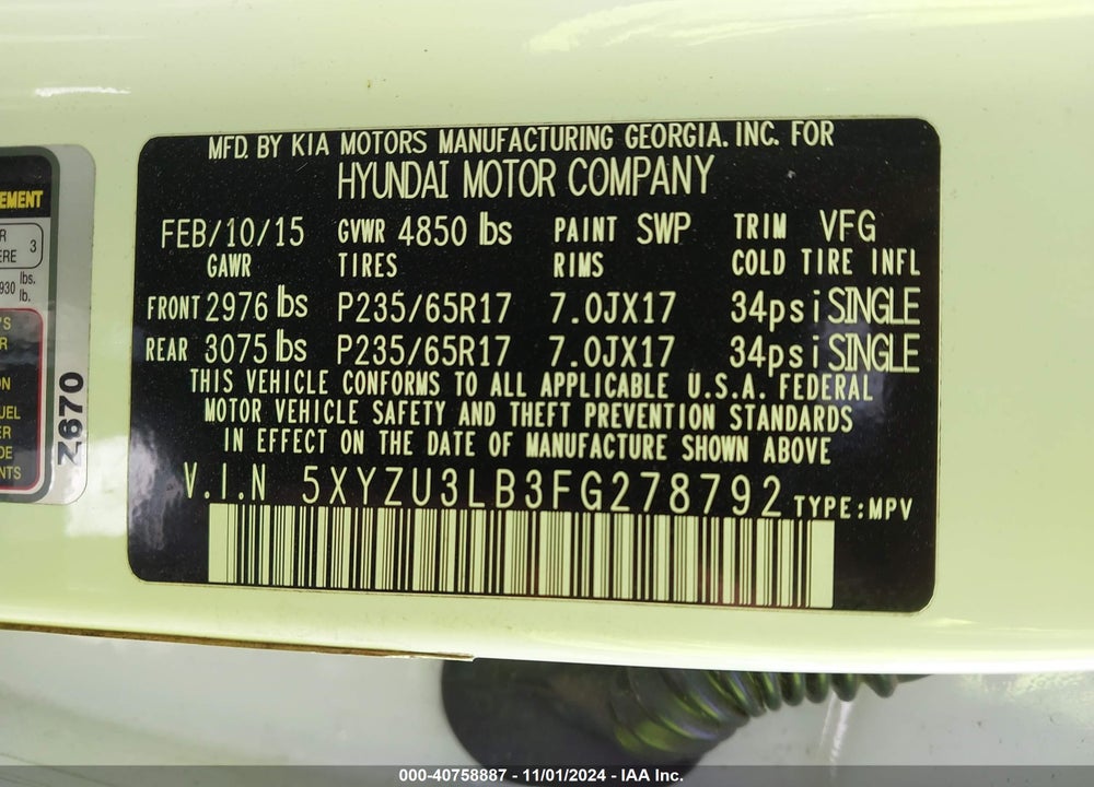 2015 HYUNDAI SANTA FE SPORT 2.4L VIN: 5XYZU3LB3FG278792