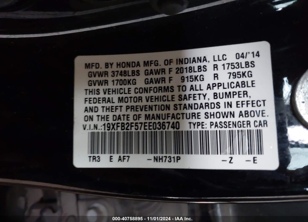 2014 HONDA CIVIC LX VIN: 19XFB2F57EE036740
