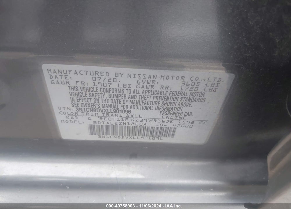 2020 NISSAN VERSA S XTRONIC CVT VIN: 3N1CN8DVXLL901096