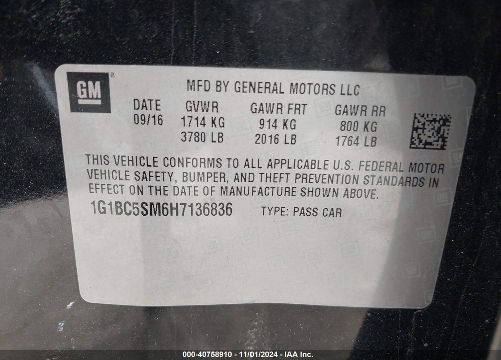 2017 CHEVROLET CRUZE LS AUTO VIN: 1G1BC5SM6H7136836