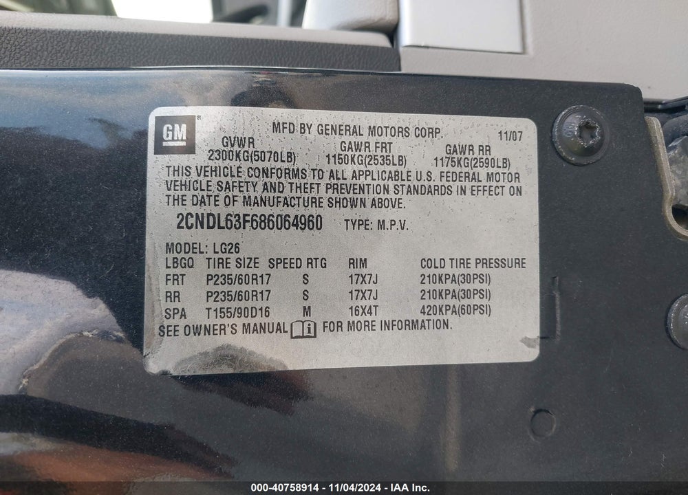 2008 CHEVROLET EQUINOX LT VIN: 2CNDL63F686064960