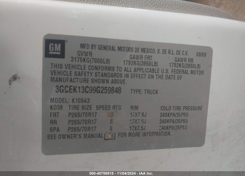 2009 CHEVROLET SILVERADO 1500 WORK TRUCK VIN: 3GCEK13C99G259848