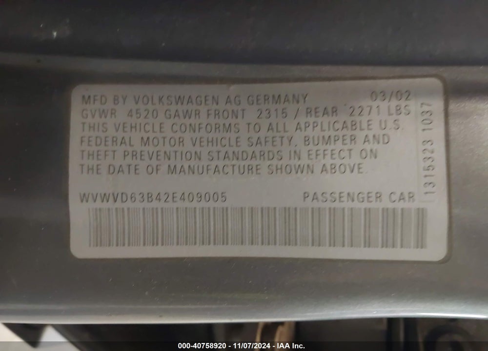 2002 VOLKSWAGEN PASSAT GLS VIN: WVWVD63B42E409005