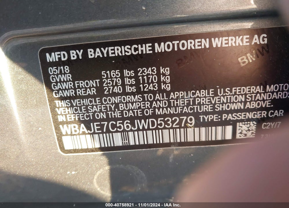 2018 BMW 540I XDRIVE VIN: WBAJE7C56JWD53279