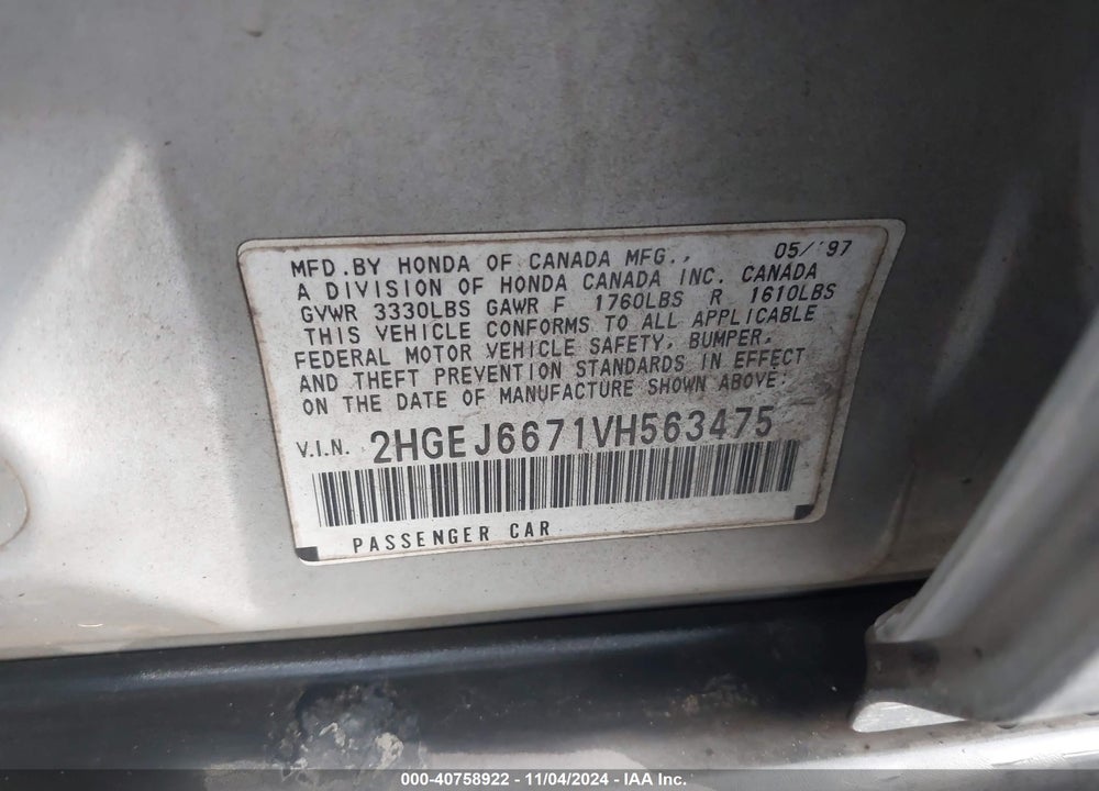 1997 HONDA CIVIC LX VIN: 2HGEJ6671VH563475