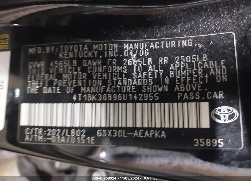 2006 TOYOTA AVALON LIMITED VIN: 4T1BK36B96U142955