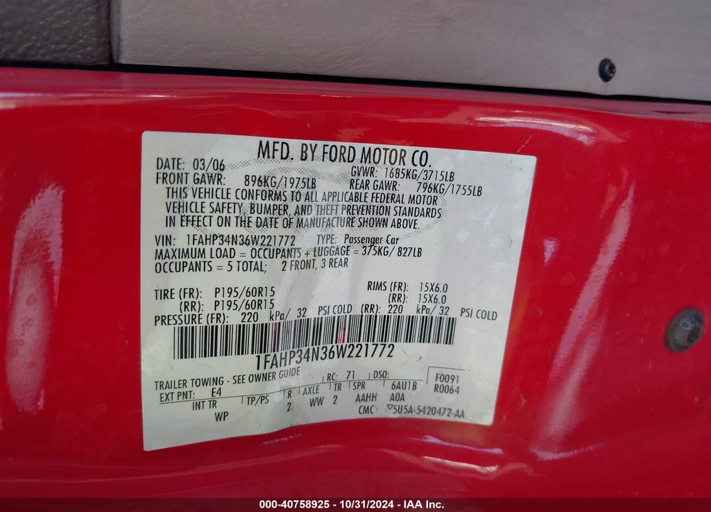 2006 FORD FOCUS ZX4 VIN: 1FAHP34N36W221772