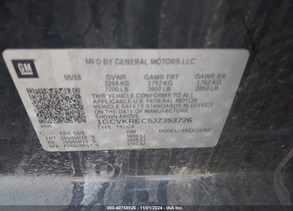 2018 CHEVROLET SILVERADO 1500 2LT VIN: 1GCVKREC5JZ353726