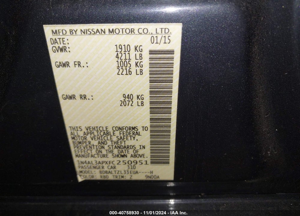 2015 NISSAN ALTIMA 2.5 SL VIN: 1N4AL3APXFC250951