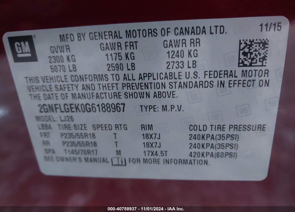 2016 CHEVROLET EQUINOX LTZ VIN: 2GNFLGEK0G6188967
