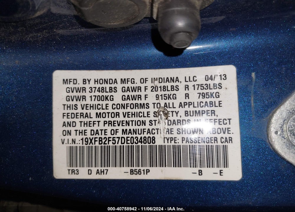 2013 HONDA CIVIC LX VIN: 19XFB2F57DE034808