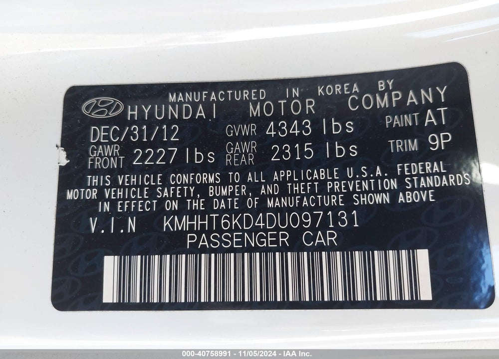 2013 HYUNDAI GENESIS 2.0T PREMIUM VIN: KMHHT6KD4DU097131