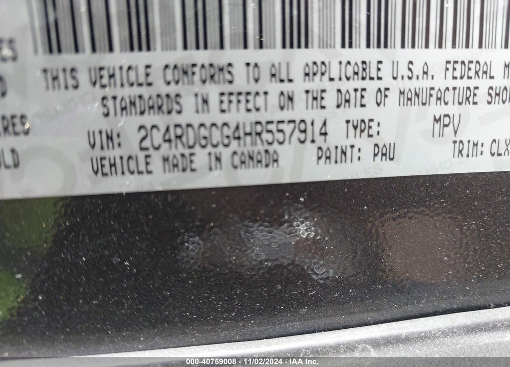 2017 DODGE GRAND CARAVAN SXT VIN: 2C4RDGCG4HR557914