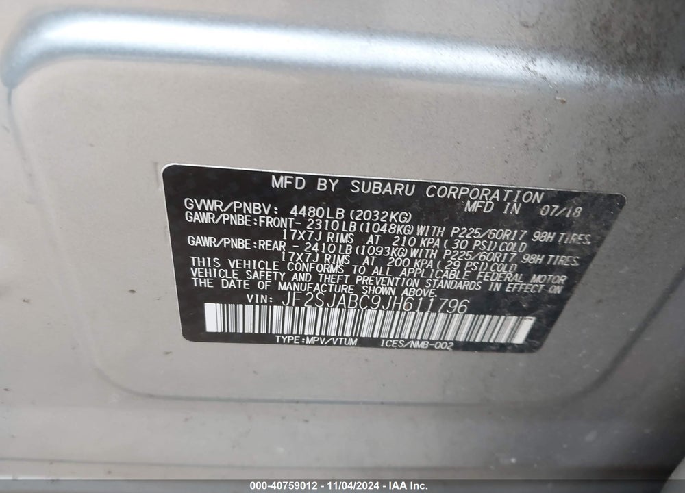 2018 SUBARU FORESTER 2.5I VIN: JF2SJABC9JH611796