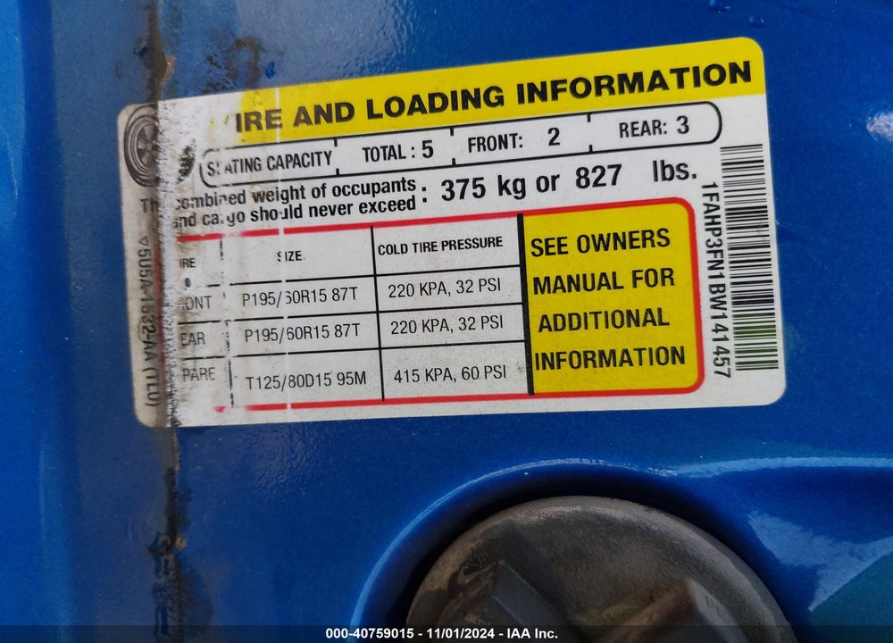 2011 FORD FOCUS SE VIN: 1FAHP3FN1BW141457